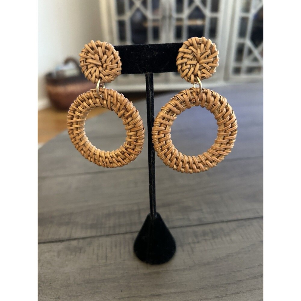 Straw Light Brown Color Hoop 1.5 Inch Dangle Earrings